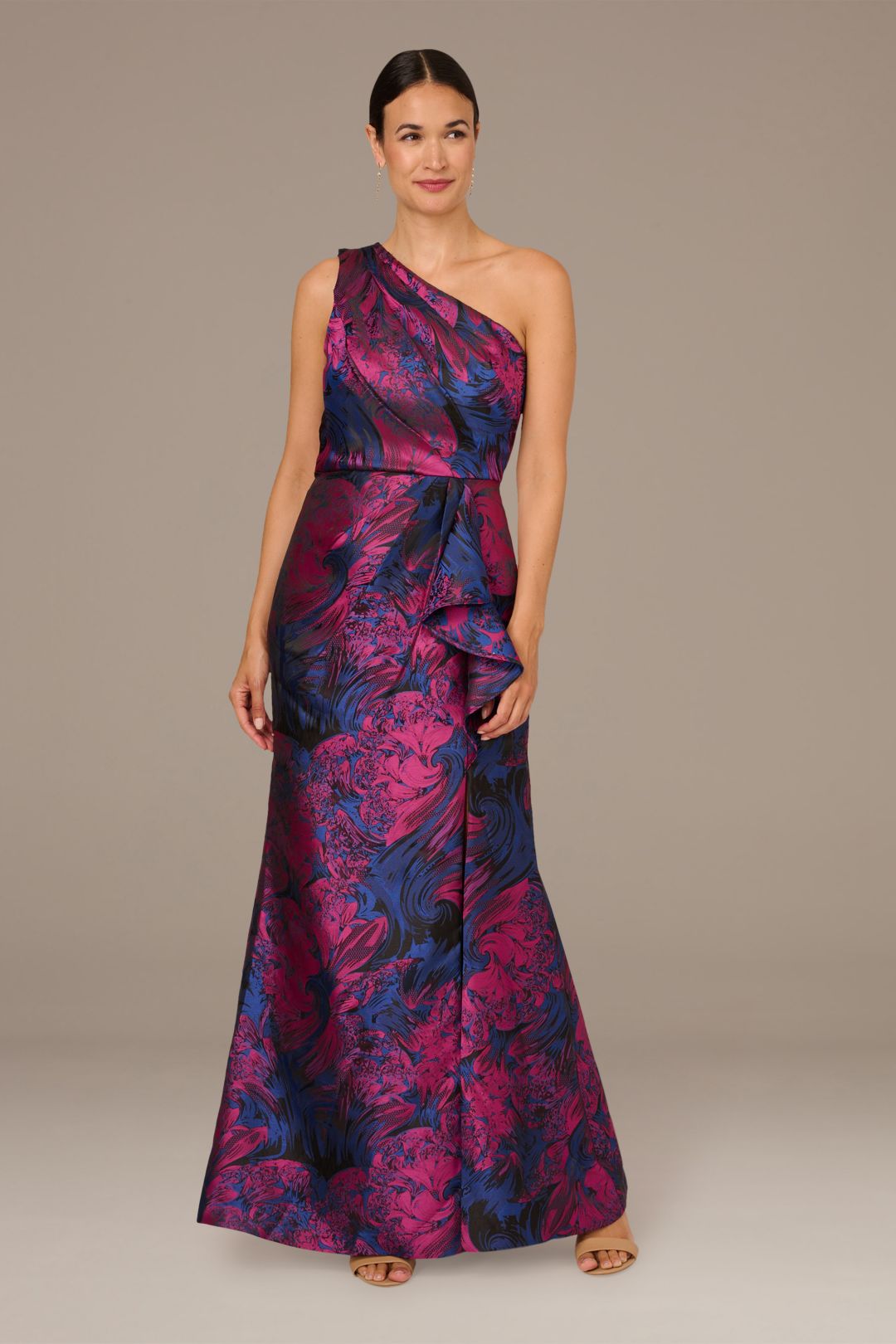 One-Shoulder Floor-Length Satin Formal A-Line Adrianna Papell AP1E210810