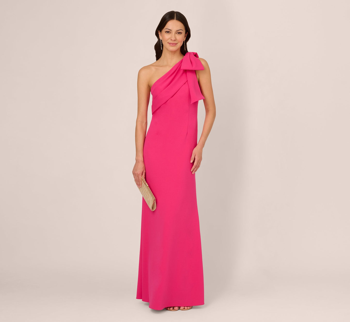 Hot Pink Adrianna Papell AP1E210970 One-Shoulder Long Crepe Formal Bow Gown