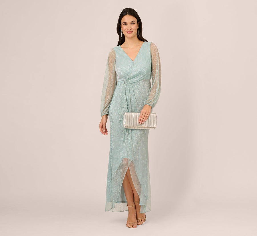Crinkle Metallic Gown With Sheer Bishop Sleeves And Draped Details