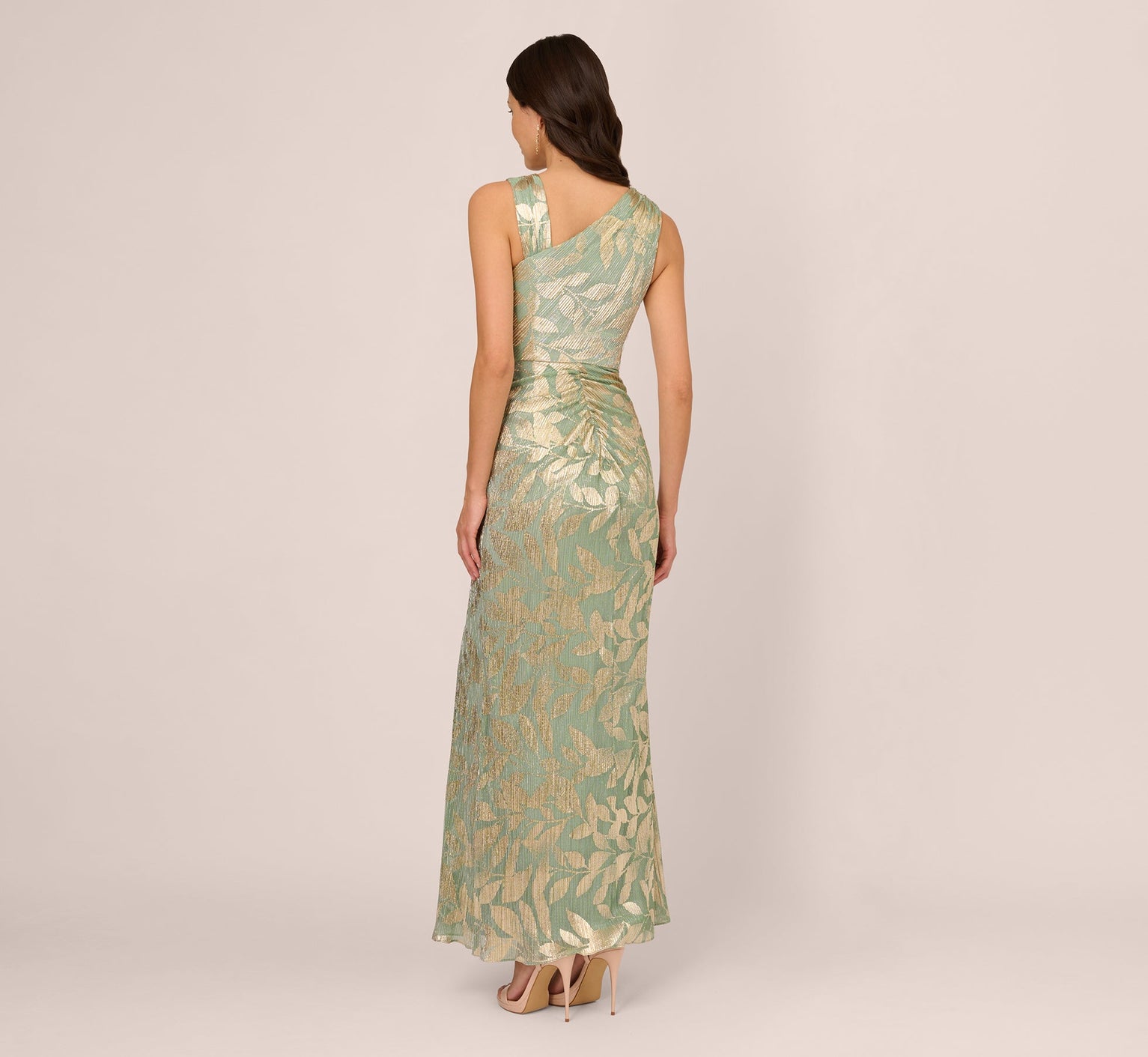 Sage Gold Adrianna Papell AP1E211044W Long Metallic Evening Slit Dress