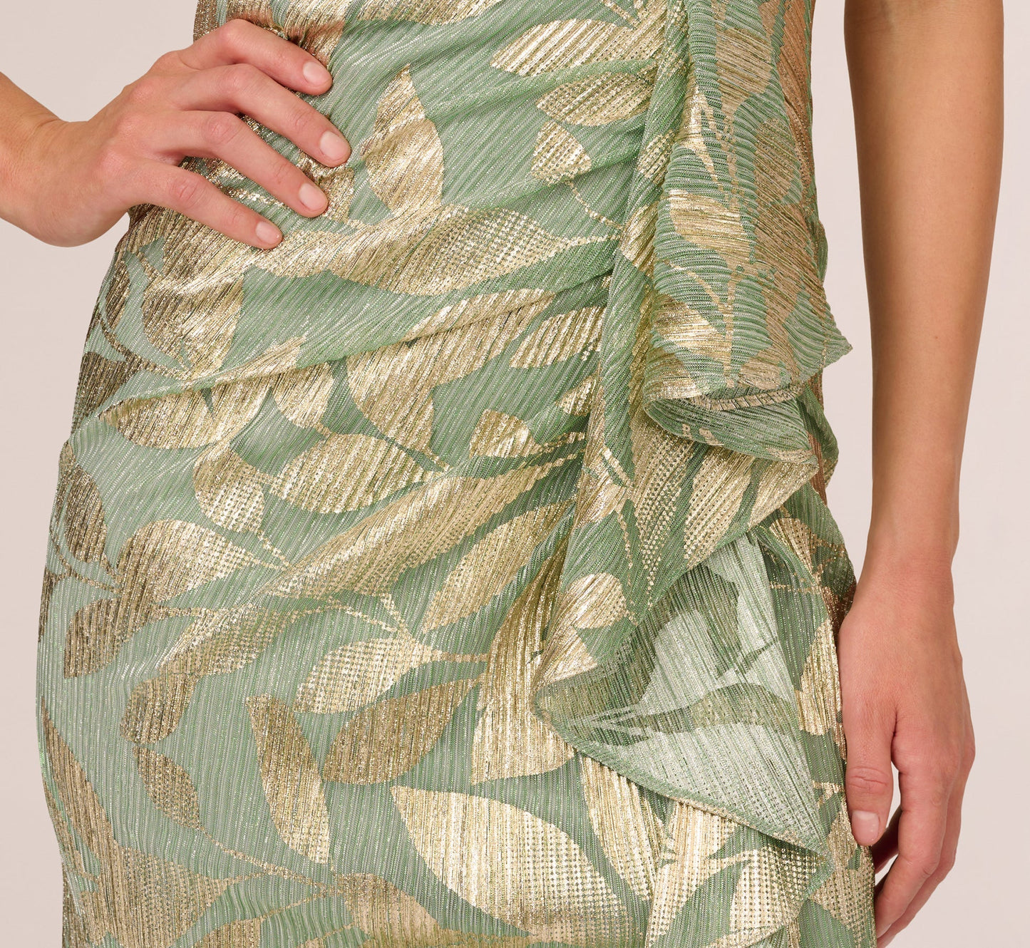 Sage Gold Adrianna Papell AP1E211044 Asymmetrical Long Metallic Jacquard Formal Slit Gown