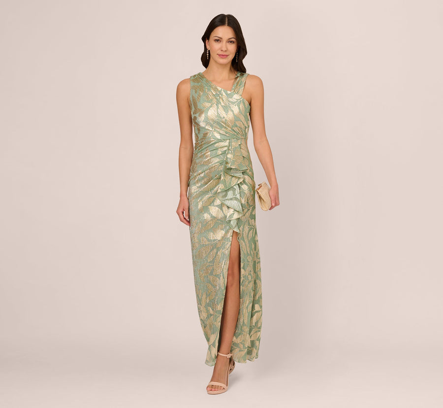 Sage Gold Adrianna Papell AP1E211044 Long Metallic Formal Slit Dress