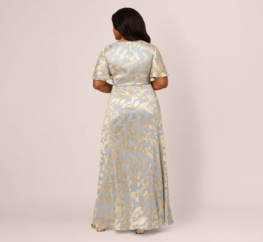 Light Blue Gold Adrianna Papell AP1E211045 V-Neck Floor-Length Jacquard Formal Dress Metallic