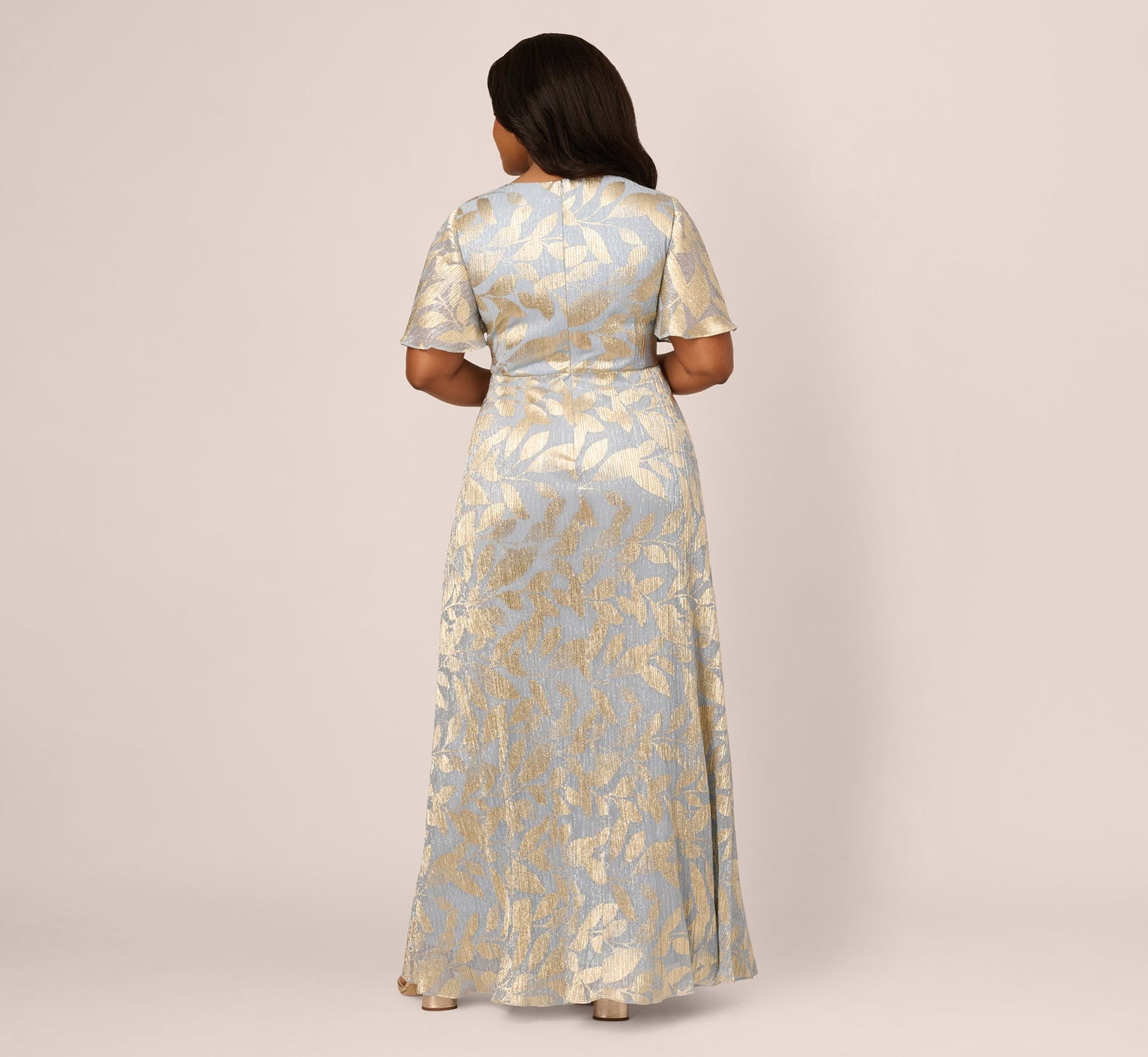 Light Blue Gold Adrianna Papell AP1E211045 V-Neck Floor-Length Jacquard Formal Dress Metallic