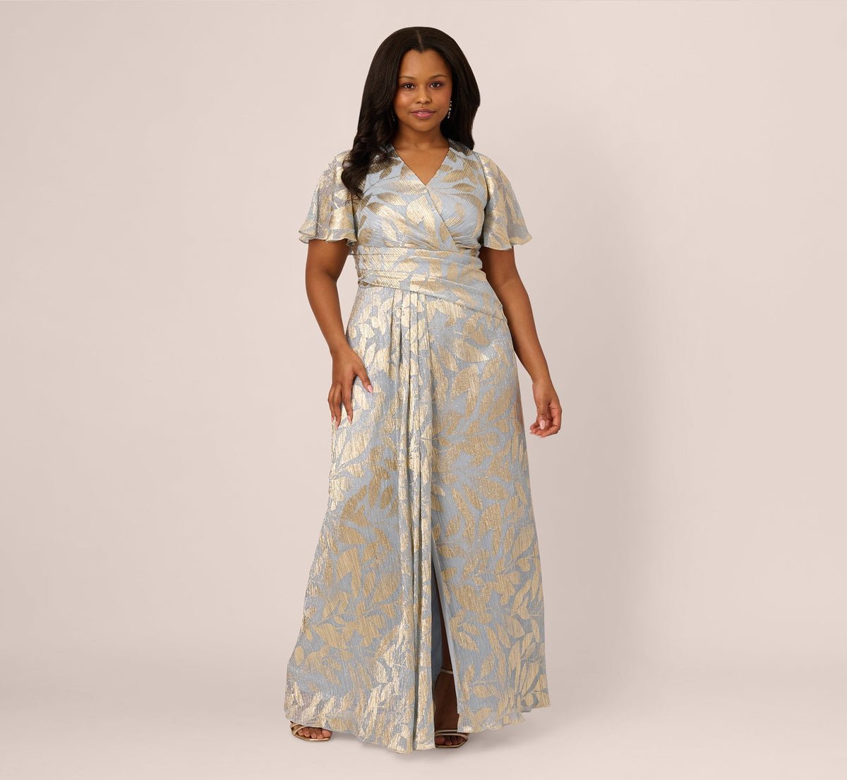 Light Blue Gold Adrianna Papell AP1E211045 V-Neck Floor-Length Jacquard Formal Dress Metallic