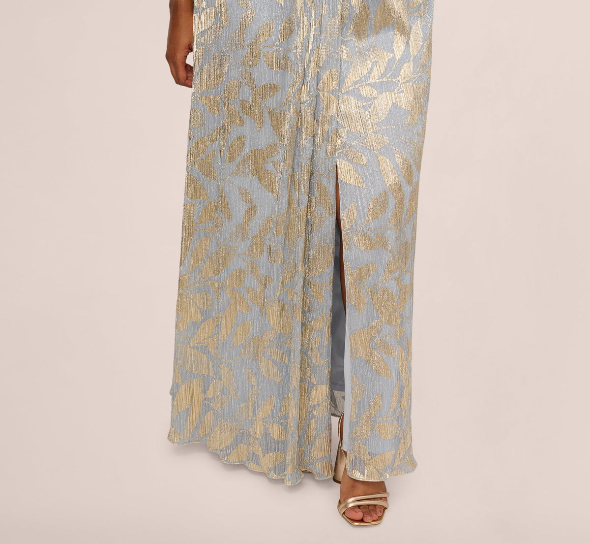 Light Blue Gold Adrianna Papell AP1E211045 V-Neck Floor-Length Jacquard Formal Dress Metallic