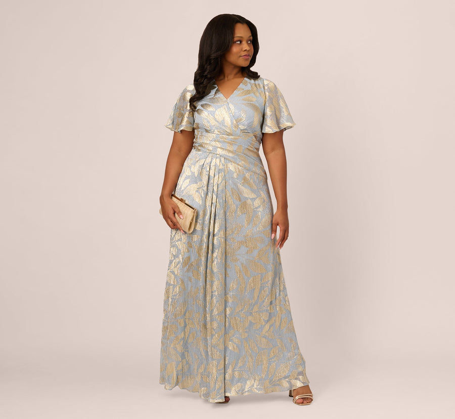 Light Blue Gold Adrianna Papell AP1E211045 V-Neck Floor-Length Jacquard Formal Dress Metallic