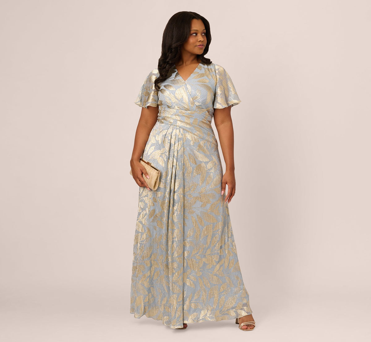 Light Blue Gold Adrianna Papell AP1E211045 V-Neck Floor-Length Jacquard Formal Dress Metallic