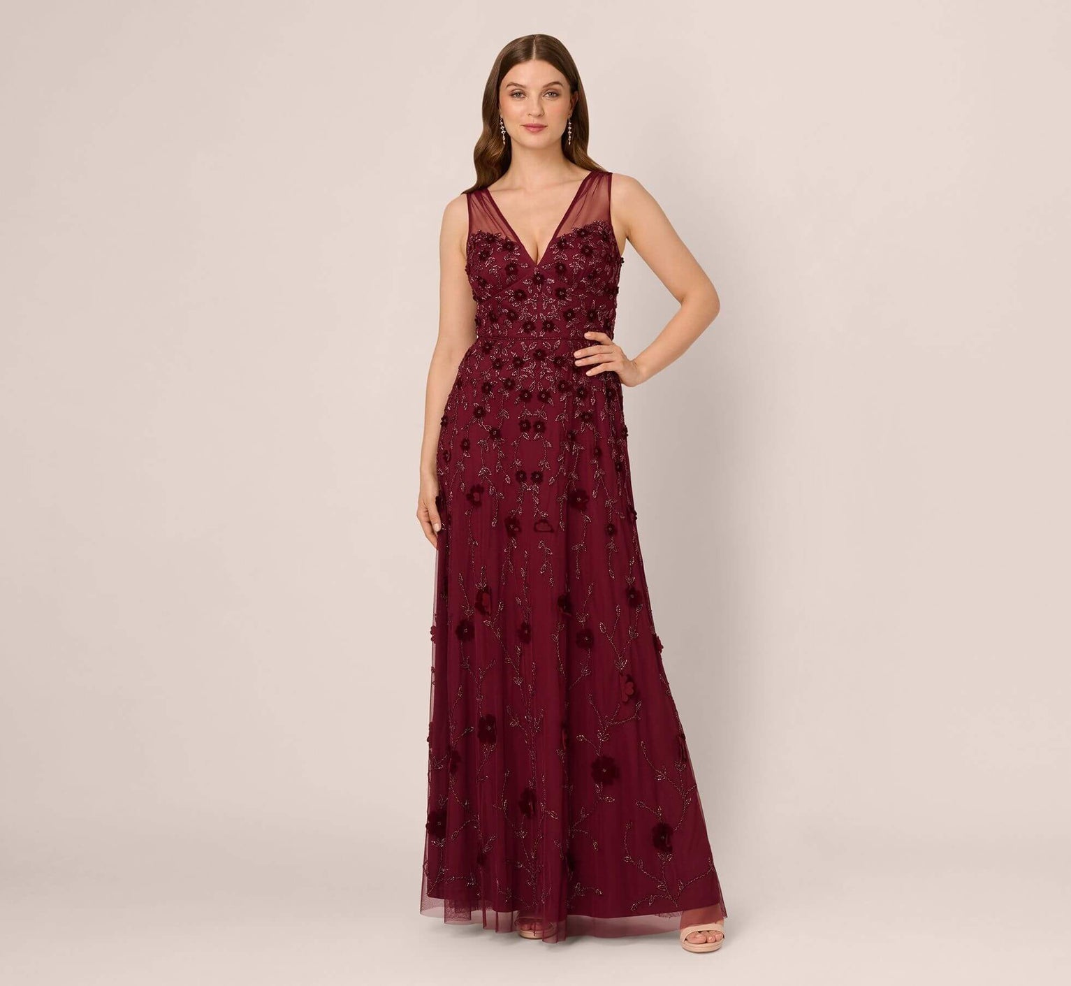 Mahogany V Neck Floor Length Velvet Formal Beaded Gown with Sheer Tank Straps Adrianna Papell AP1E211438