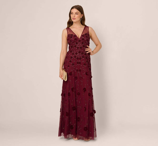 V-Neck Floor-Length Tulle Formal A-Line Adrianna Papell AP1E211438