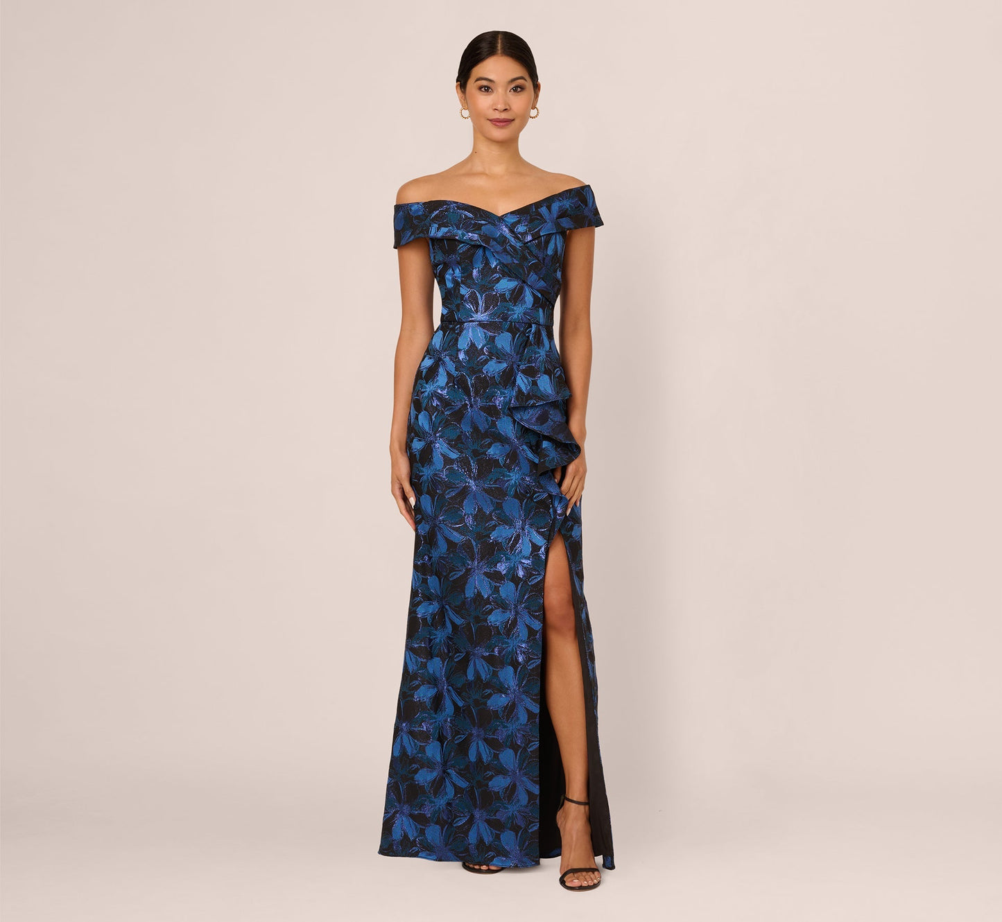 Off-the-Shoulder Floor-Length Floral Satin Formal Mermaid Gown - Adrianna Papell AP1E211565