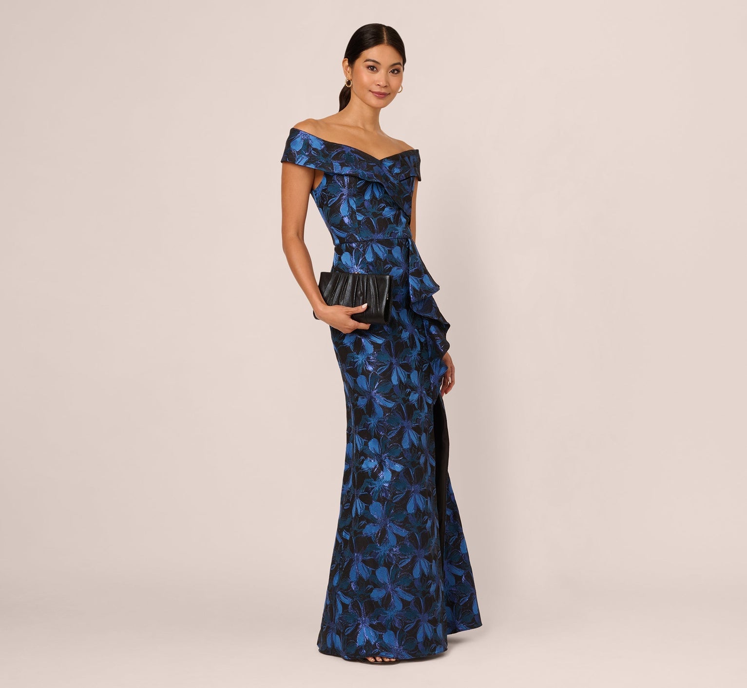 Off-the-Shoulder Floor-Length Floral Satin Formal Mermaid Gown - Adrianna Papell AP1E211565