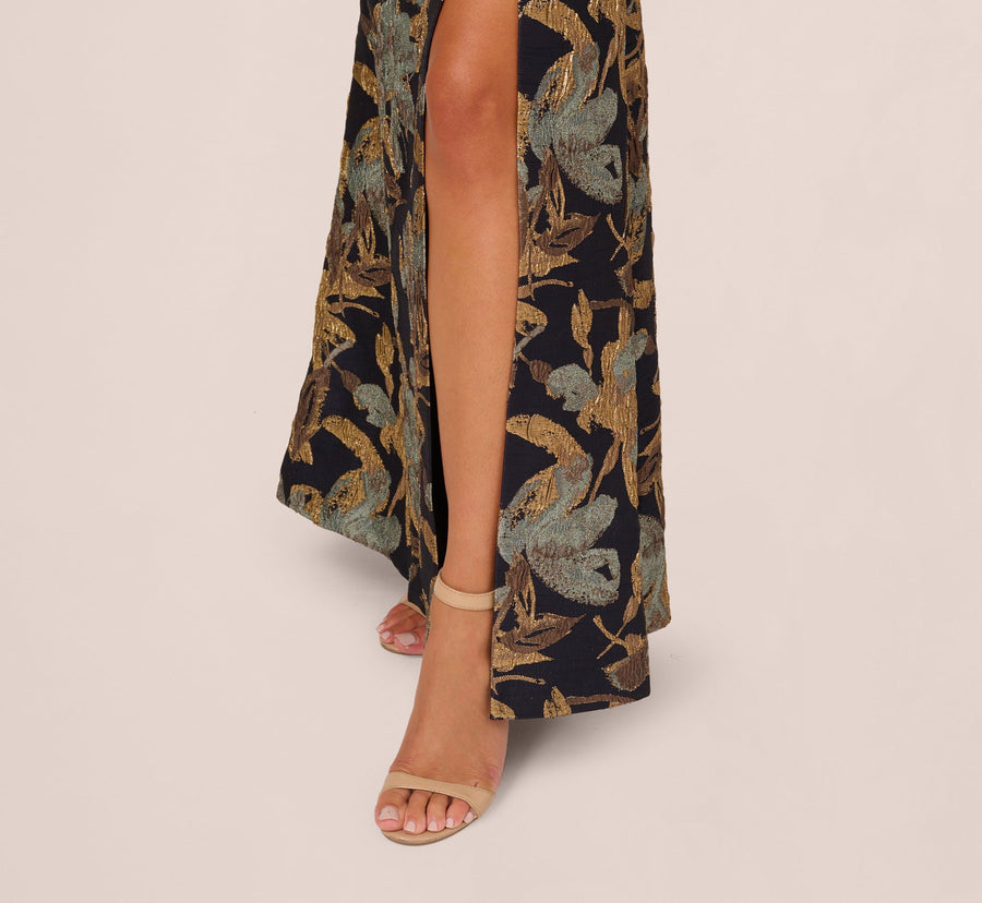 Blue Gold Adrianna Papell AP1E211592 One-Shoulder Long Jacquard Formal Floral Gown