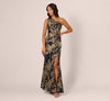 Blue Gold Adrianna Papell AP1E211592 One-Shoulder Long Jacquard Formal Floral Gown