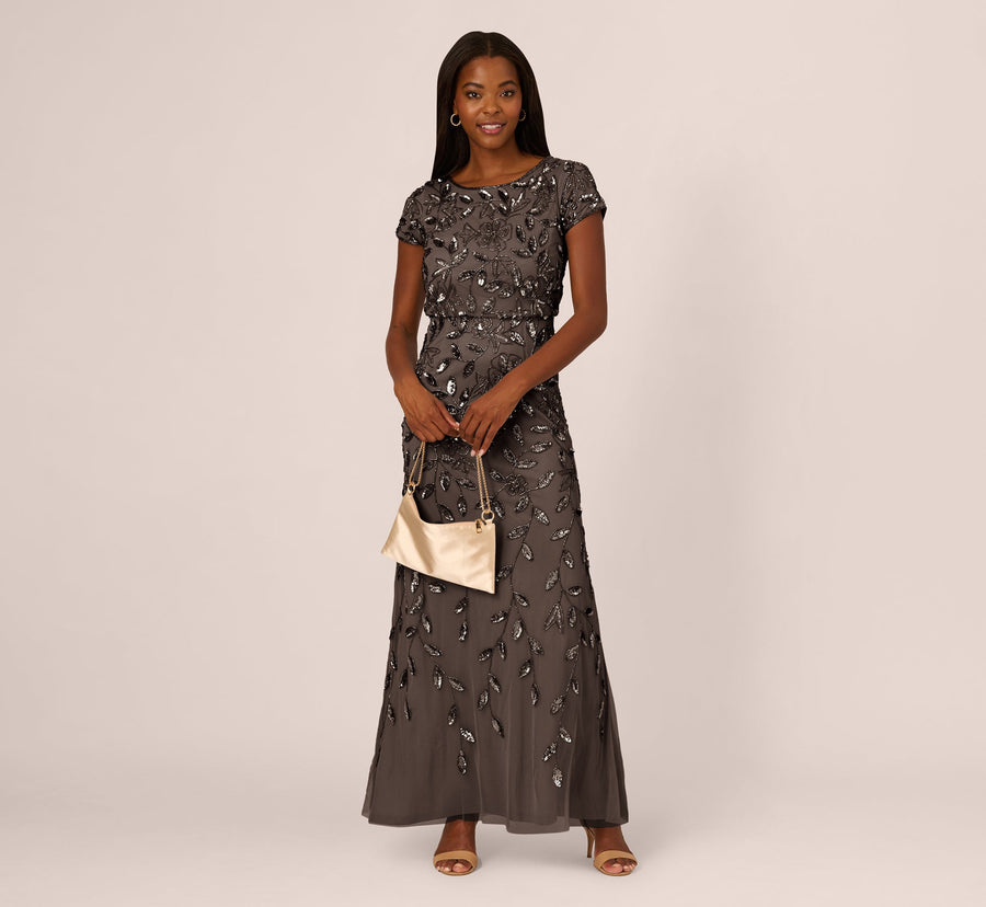 Blouson Short Sleeve Beaded Long Dress