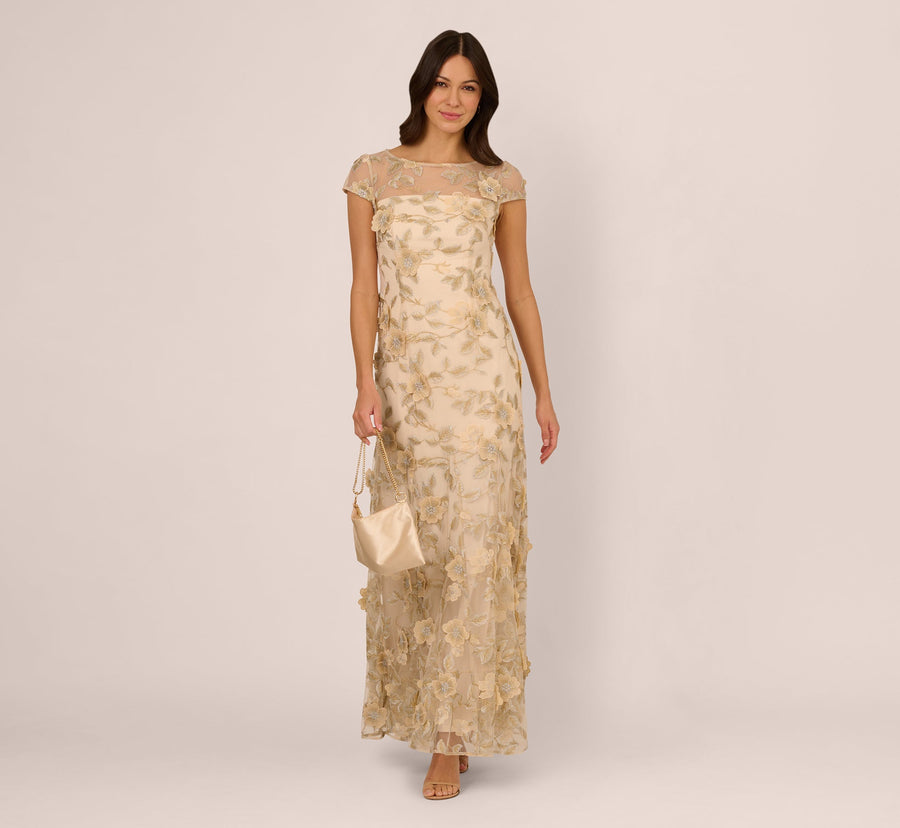Adrianna Papell AP1E211758 Champagne cap sleeve embroidered gown