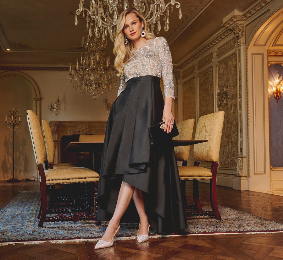 Three Quarter Sleeve Beaded Taffeta Combo Gown