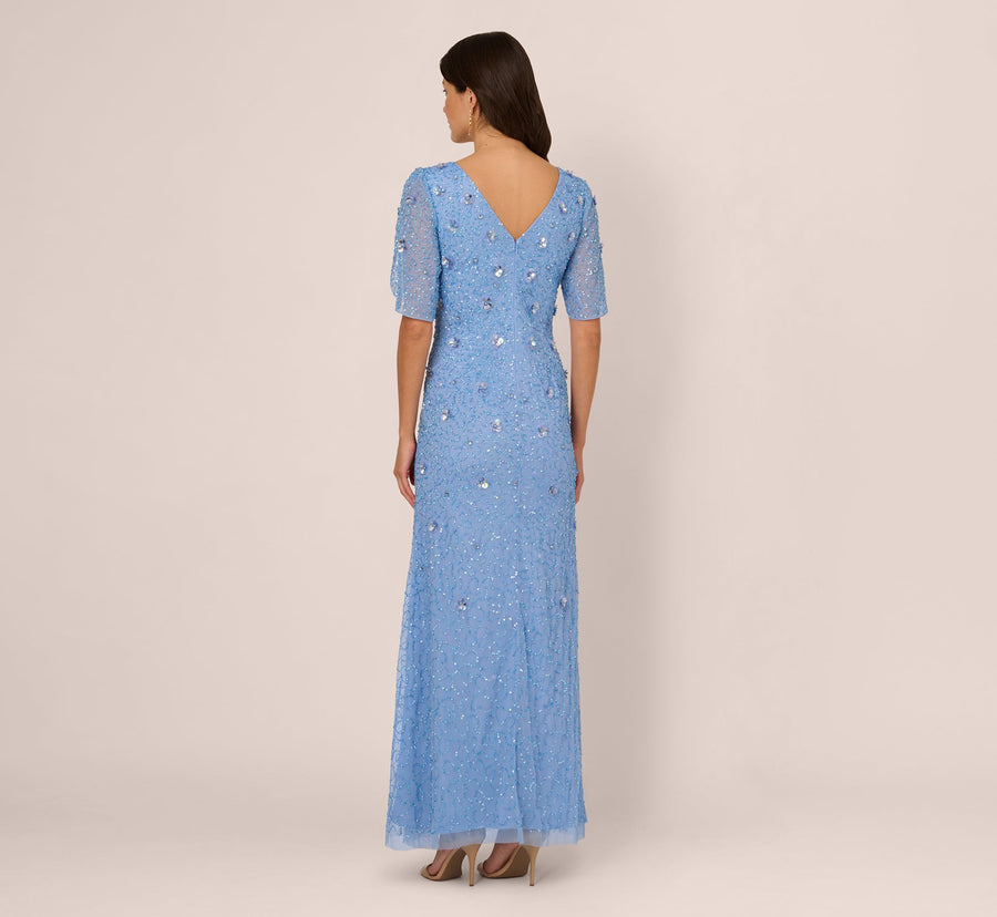 Blue Bell V-Neck Floor-Length Mesh Formal Mermaid Gown 3D Floral Beading and Tulip Sleeves Adrianna Papell AP1E212045