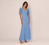 Blue Bell V-Neck Floor-Length Mesh Formal Mermaid Gown 3D Floral Beading and Tulip Sleeves Adrianna Papell AP1E212045