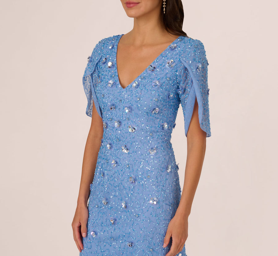 Blue Bell V-Neck Floor-Length Mesh Formal Mermaid Gown 3D Floral Beading and Tulip Sleeves Adrianna Papell AP1E212045