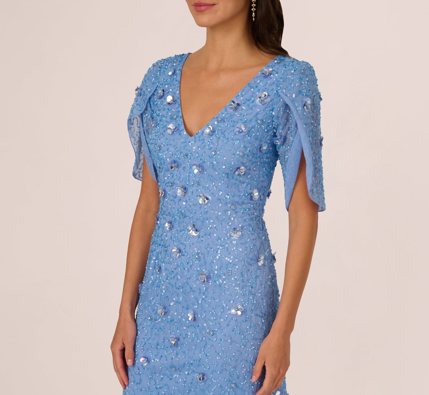 Blue Bell V-Neck Floor-Length Mesh Formal Mermaid Gown 3D Floral Beading and Tulip Sleeves Adrianna Papell AP1E212045