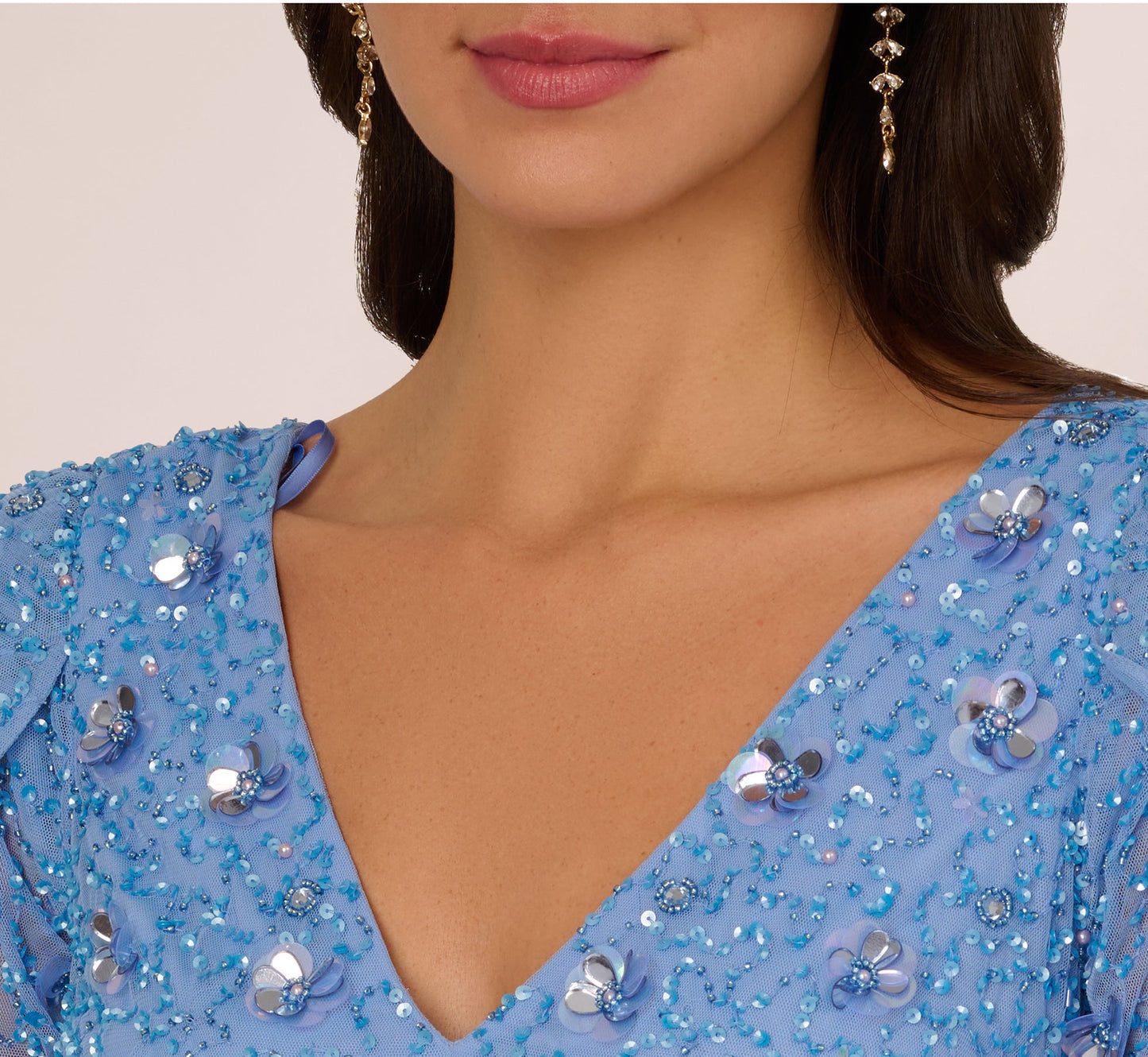 Blue Bell V-Neck Floor-Length Mesh Formal Mermaid Gown 3D Floral Beading and Tulip Sleeves Adrianna Papell AP1E212045