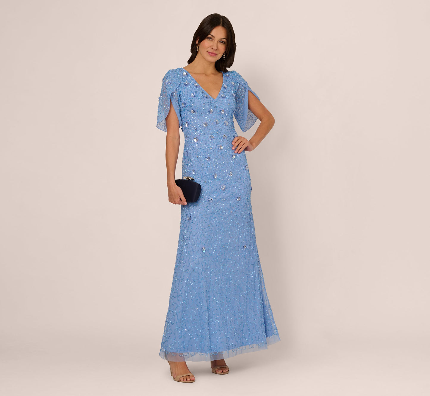 Blue Bell V-Neck Floor-Length Mesh Formal Mermaid Gown 3D Floral Beading and Tulip Sleeves Adrianna Papell AP1E212045