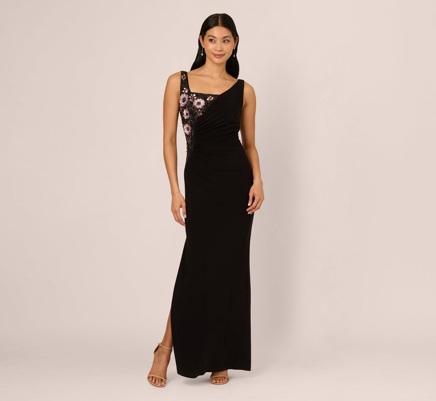 Adrianna Papell 212161 Sleeveless Asymmetrical Floral Beaded Jersey Gown Wholesale