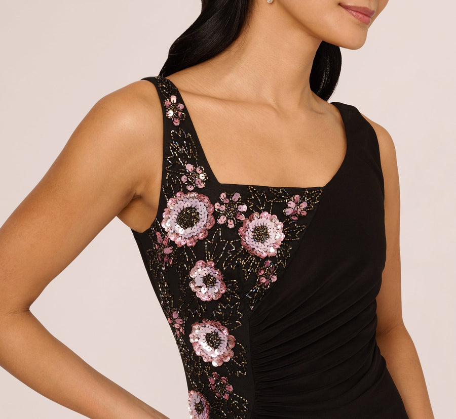 Adrianna Papell 212161 Sleeveless Asymmetrical Floral Beaded Jersey Gown Wholesale