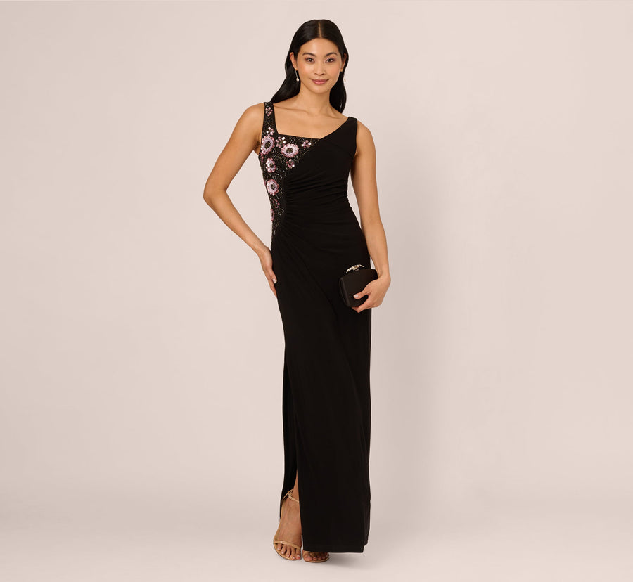 Sleeveless Asymmetrical Floral Beaded Jersey Gown