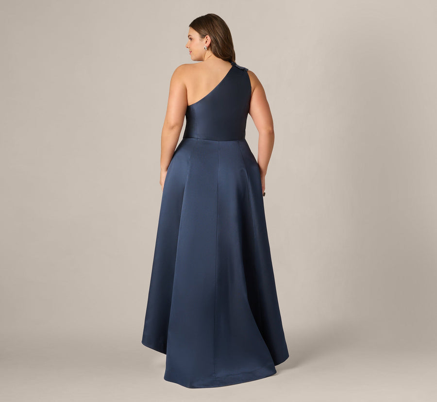 Midnight Adrianna Papell AP1E212227 One-Shoulder High-Low Satin Formal Tiered Gown