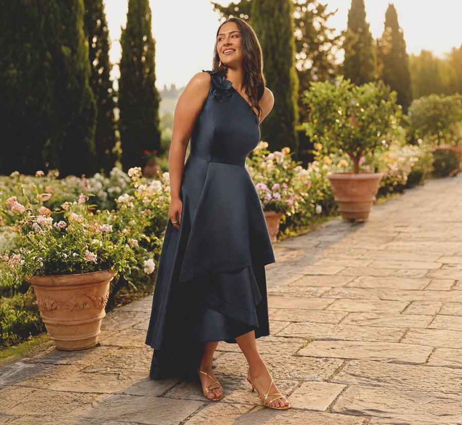 Midnight Adrianna Papell AP1E212227 One-Shoulder High-Low Satin Formal Tiered Gown