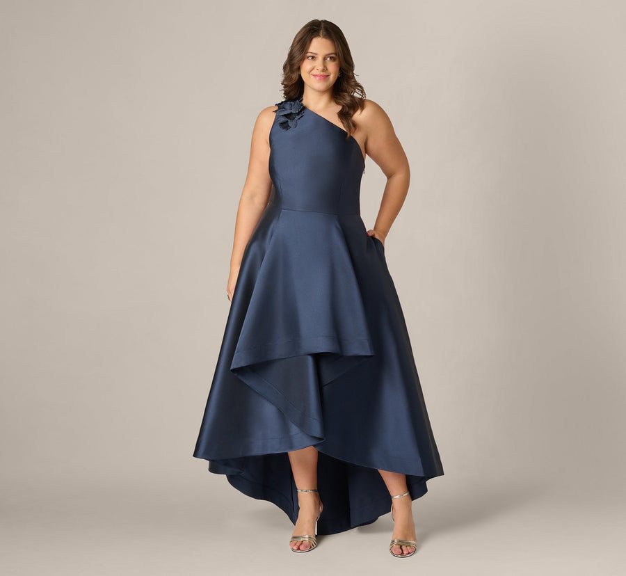 Midnight Adrianna Papell AP1E212227 One-Shoulder High-Low Satin Formal Tiered Gown