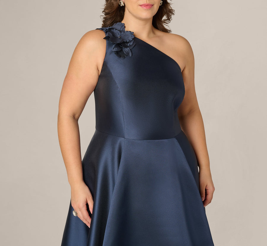 Midnight Adrianna Papell AP1E212227 One-Shoulder High-Low Satin Formal Tiered Gown