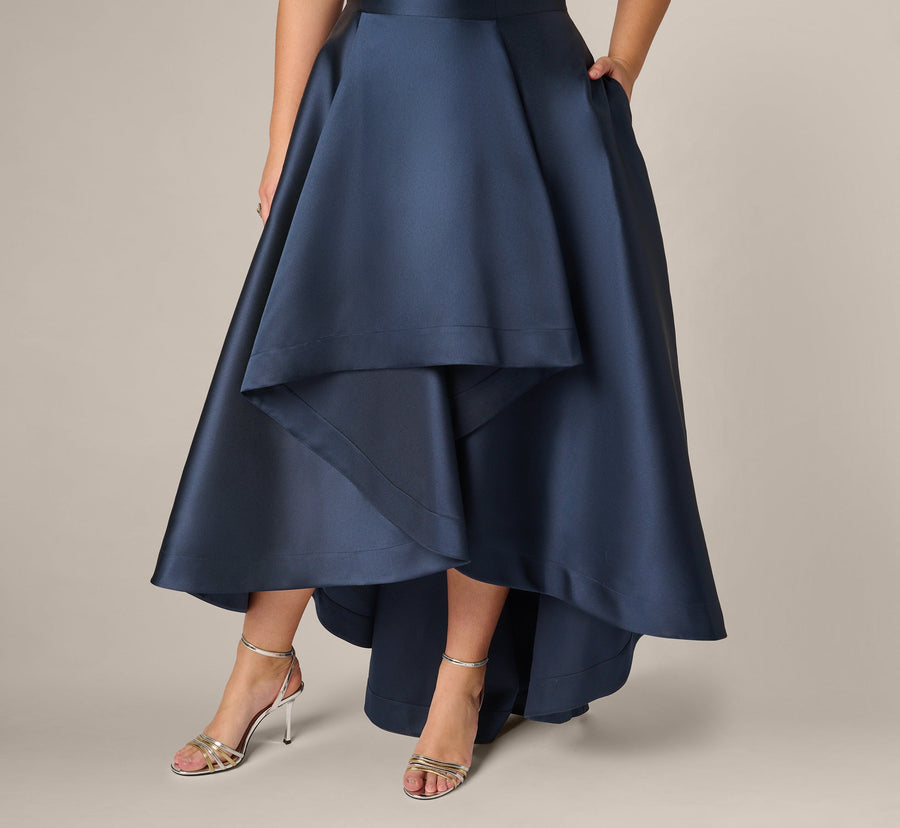 Midnight Adrianna Papell AP1E212227 One-Shoulder High-Low Satin Formal Tiered Gown