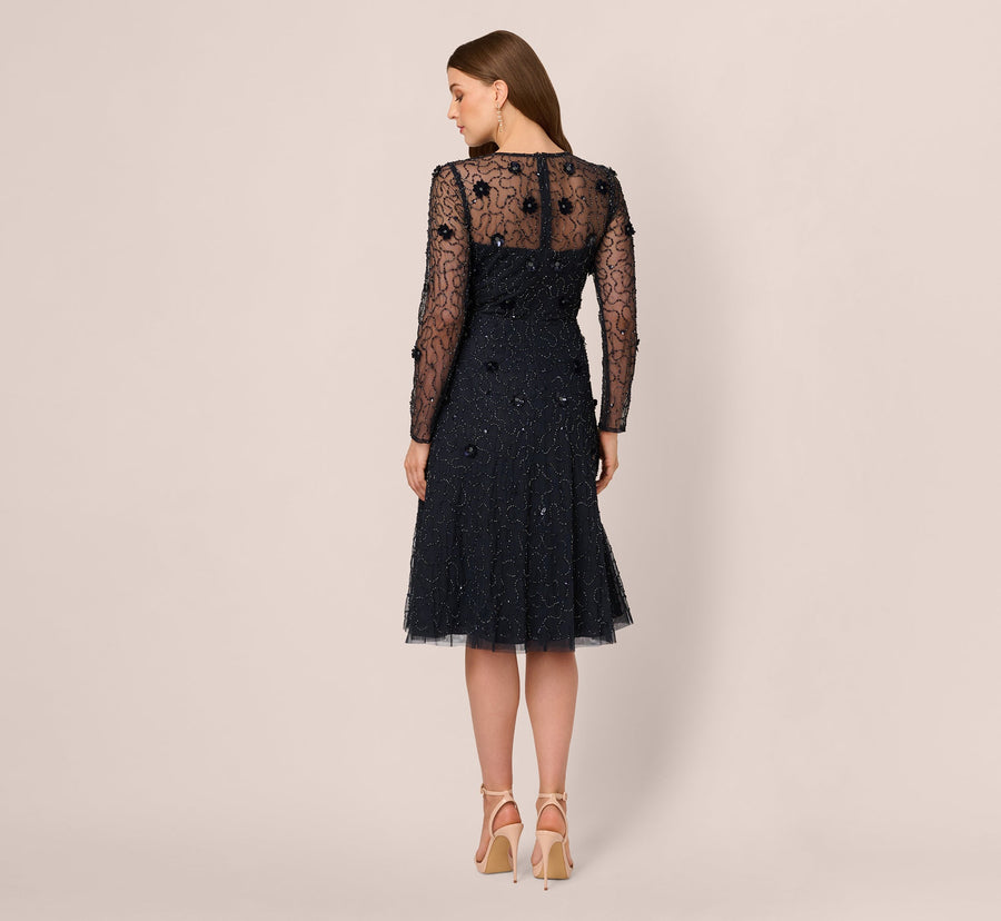 Midnight Jewel Neck Knee-Length Beaded Mesh Cocktail Dress with Long Sleeves Adrianna Papell AP1E212297