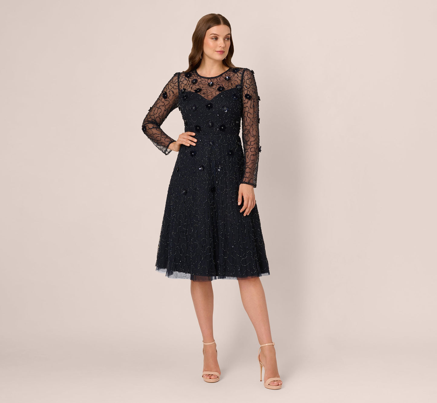 Midnight Jewel Neck Knee-Length Beaded Mesh Cocktail Dress with Long Sleeves Adrianna Papell AP1E212297