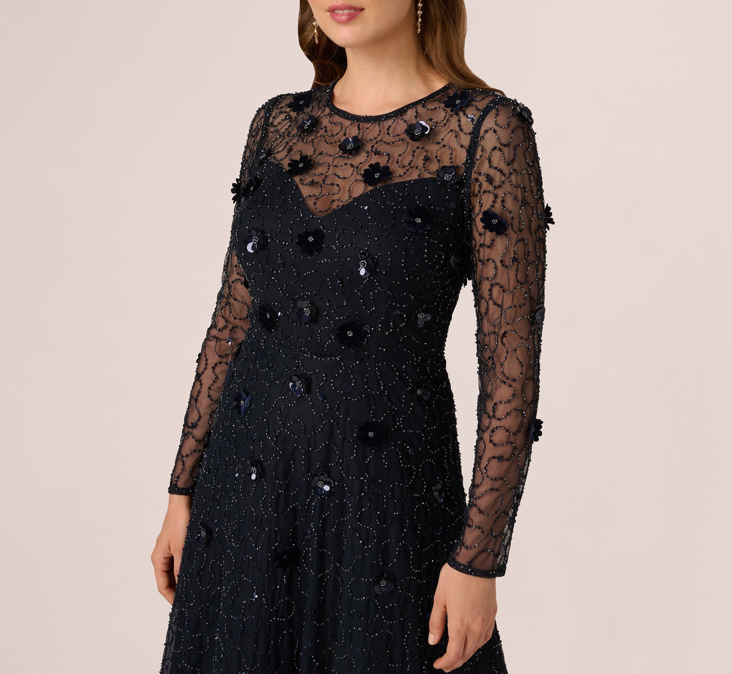 Midnight Jewel Neck Knee-Length Beaded Mesh Cocktail Dress with Long Sleeves Adrianna Papell AP1E212297