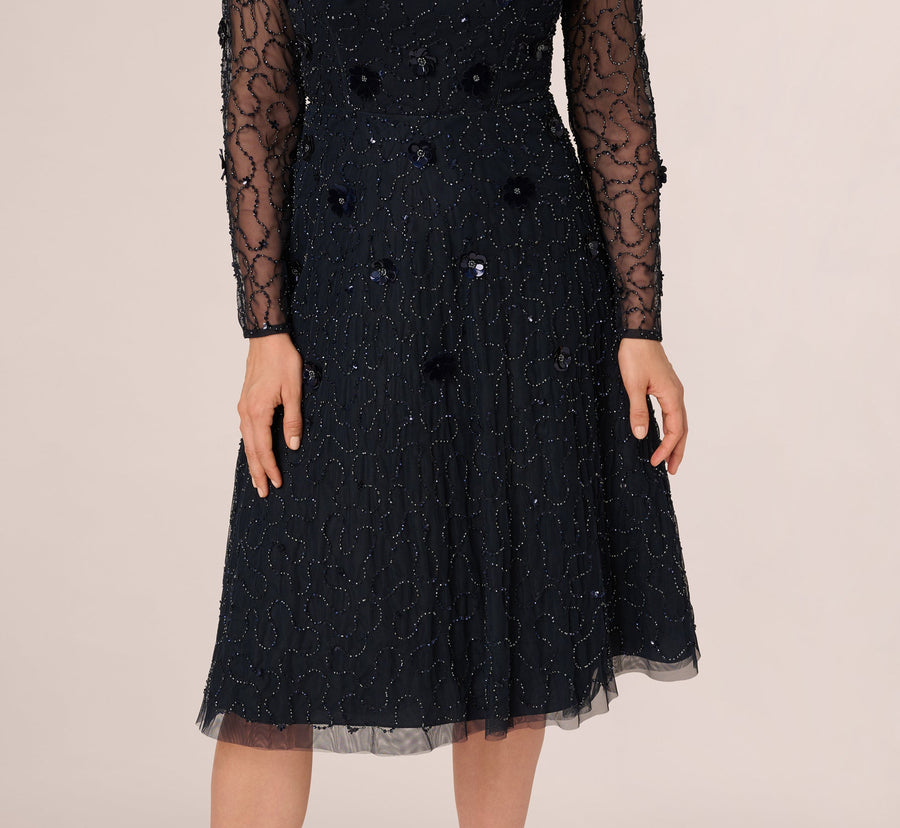 Midnight Jewel Neck Knee-Length Beaded Mesh Cocktail Dress with Long Sleeves Adrianna Papell AP1E212297