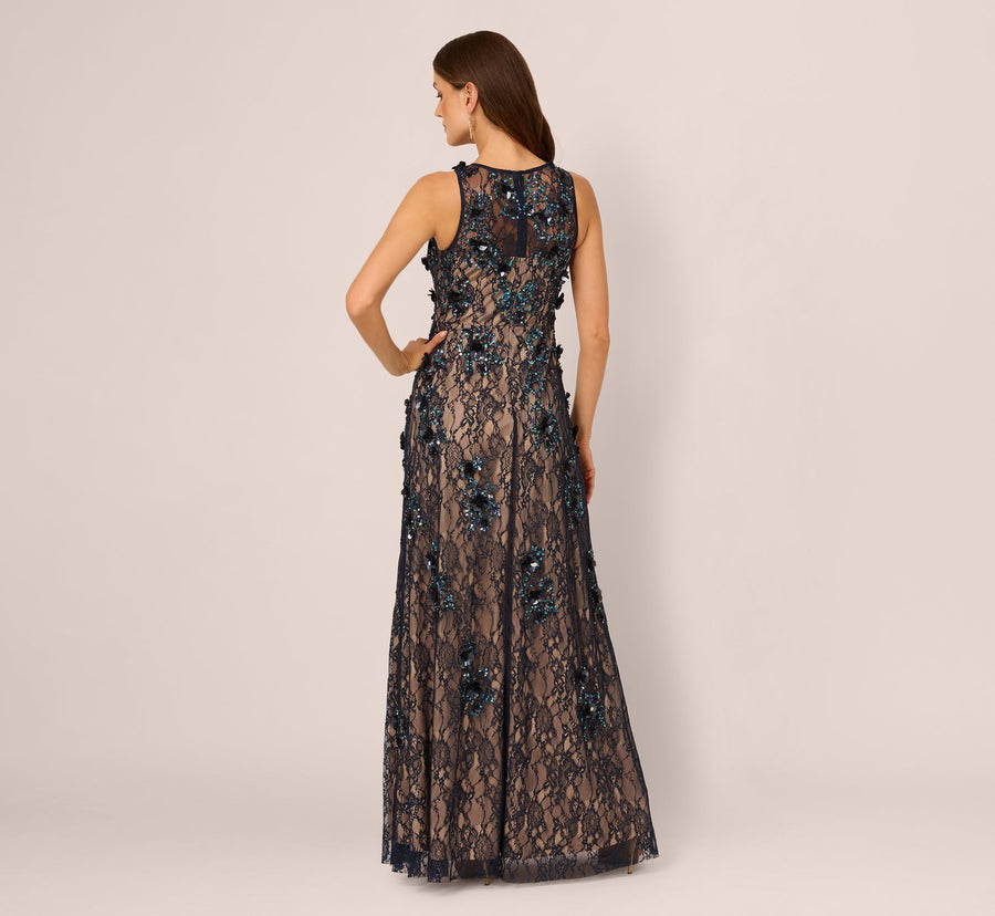 Midnight Nude Adrianna Papell AP1E212298 Jewel Neck Long Lace Formal Floral Sheath Gown
