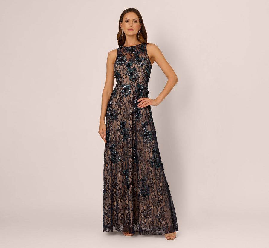 Midnight Nude Adrianna Papell AP1E212298 Jewel Neck Long Lace Formal Floral Sheath Gown