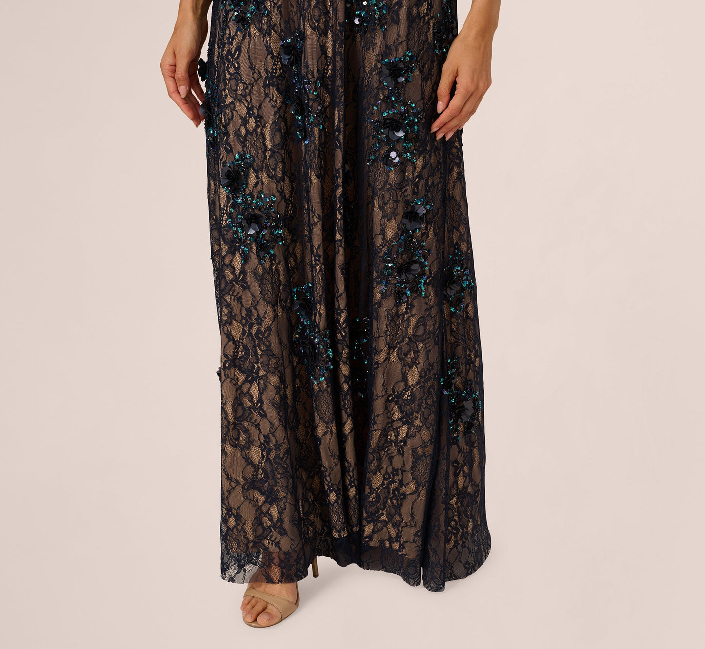 Midnight Nude Adrianna Papell AP1E212298 Jewel Neck Long Lace Formal Floral Sheath Gown
