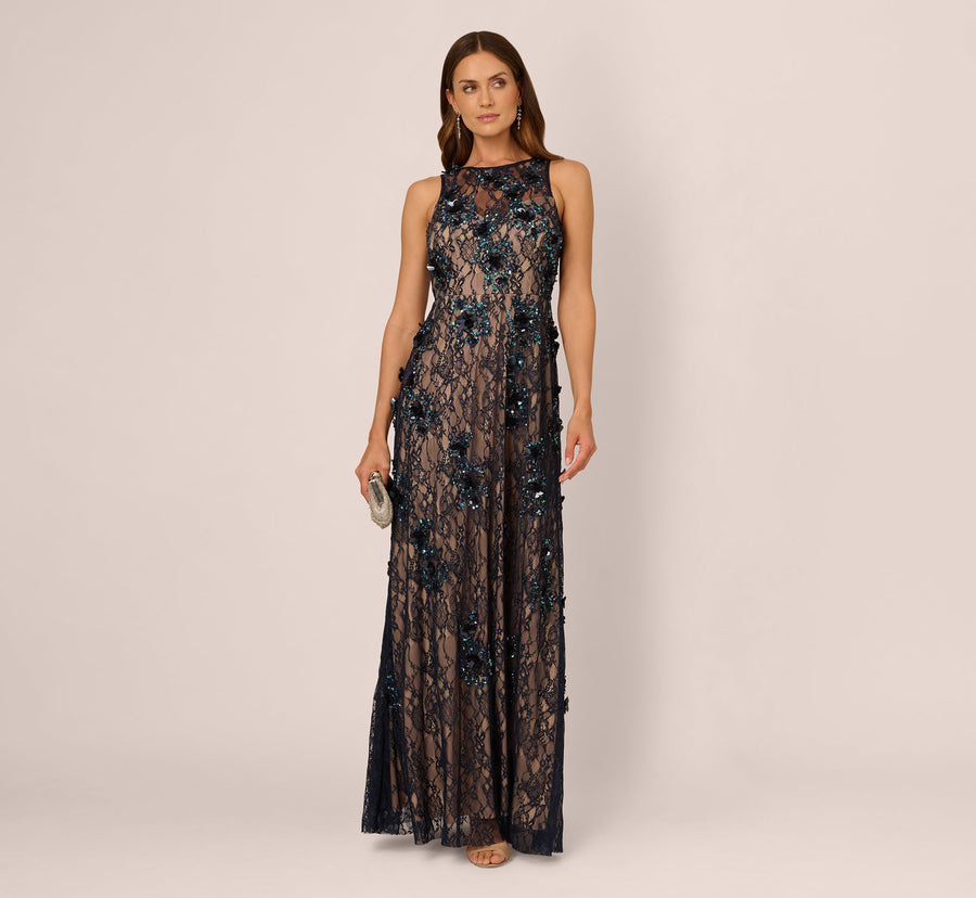 Midnight Nude Adrianna Papell AP1E212298 Jewel Neck Long Lace Formal Floral Sheath Gown
