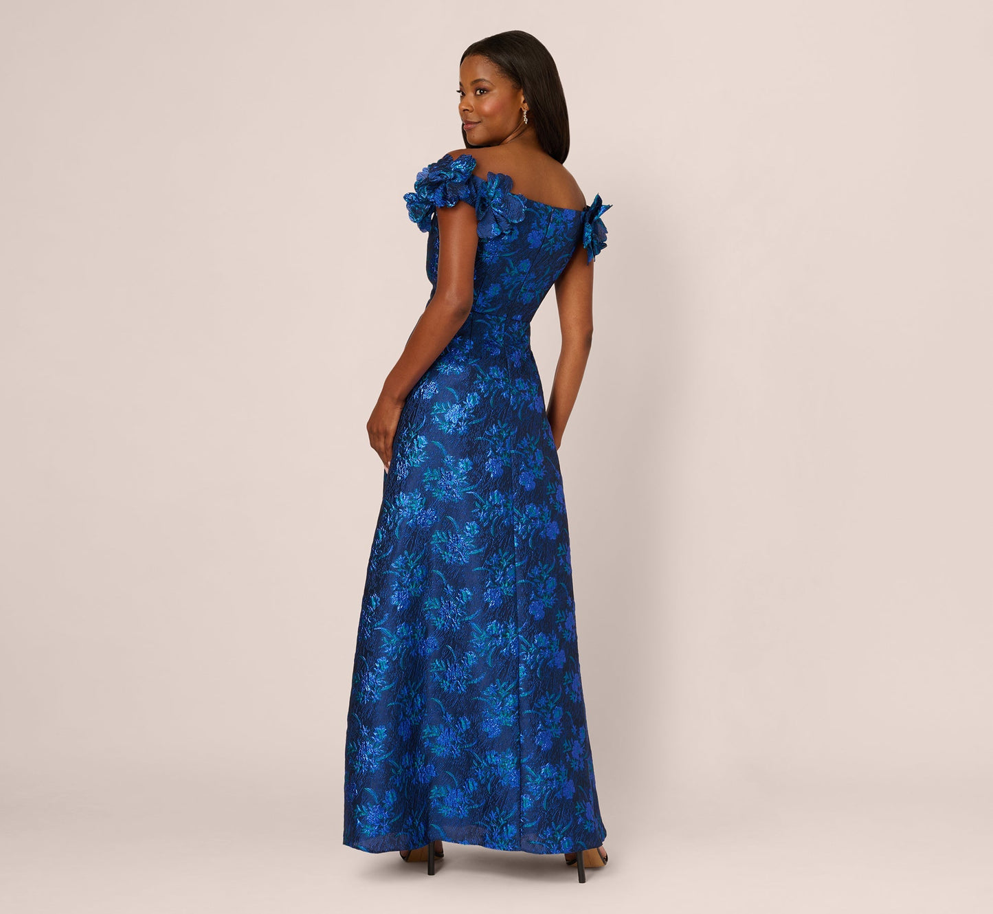 Navy Blue Adrianna Papell AP1E212479 Off-the-Shoulder Long Jacquard Formal Floral Gown