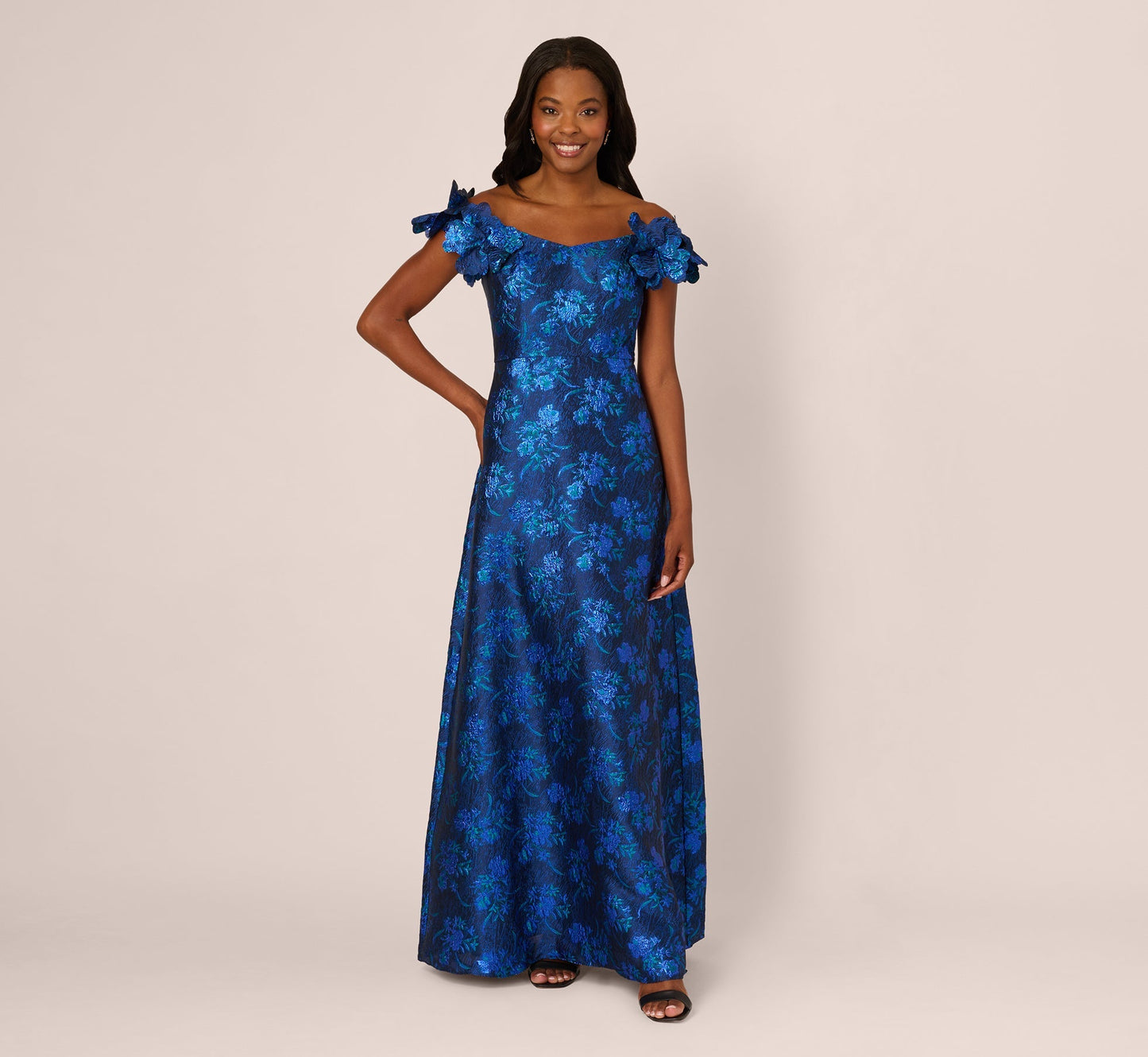 Navy Blue Adrianna Papell AP1E212479 Off-the-Shoulder Long Jacquard Formal Floral Gown