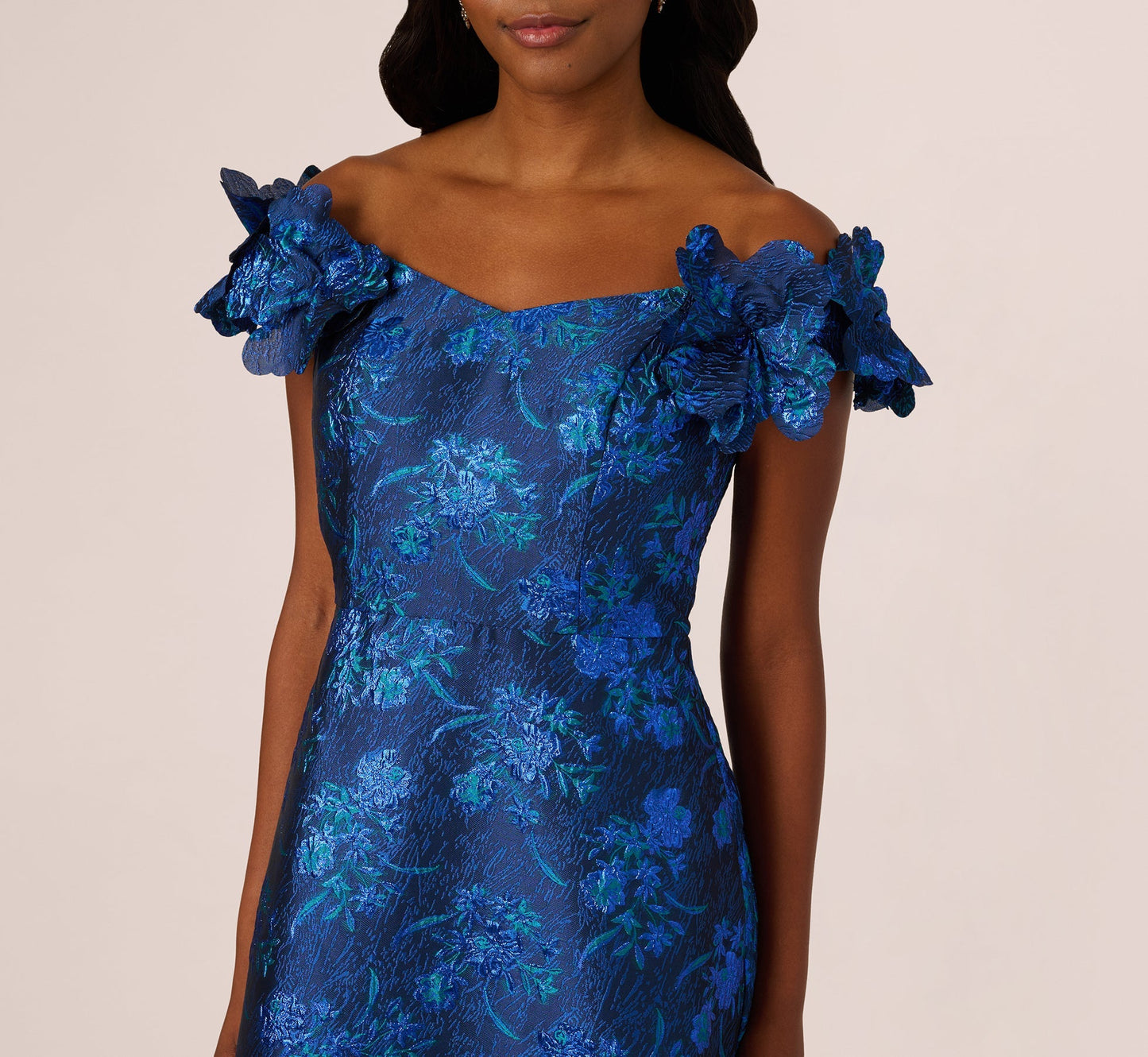 Navy Blue Adrianna Papell AP1E212479 Off-the-Shoulder Long Jacquard Formal Floral Gown