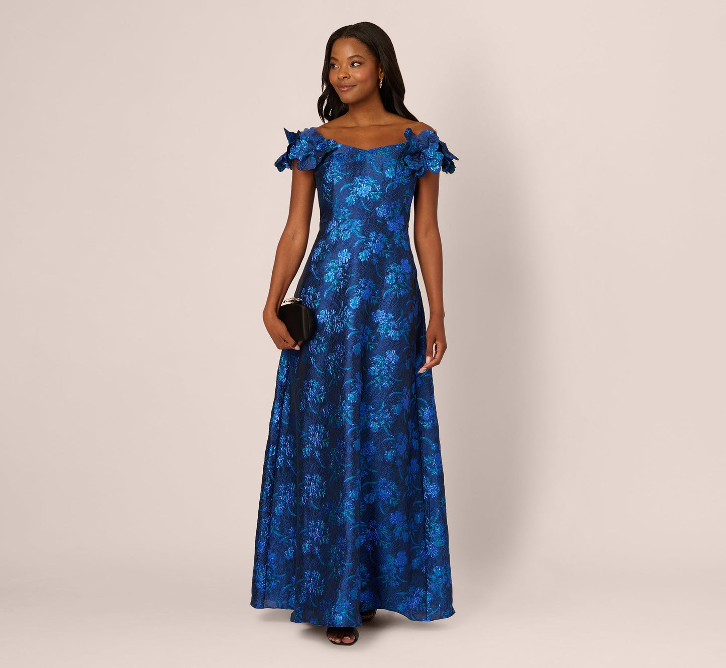 Navy Blue Adrianna Papell AP1E212479 Off-the-Shoulder Long Jacquard Formal Floral Gown