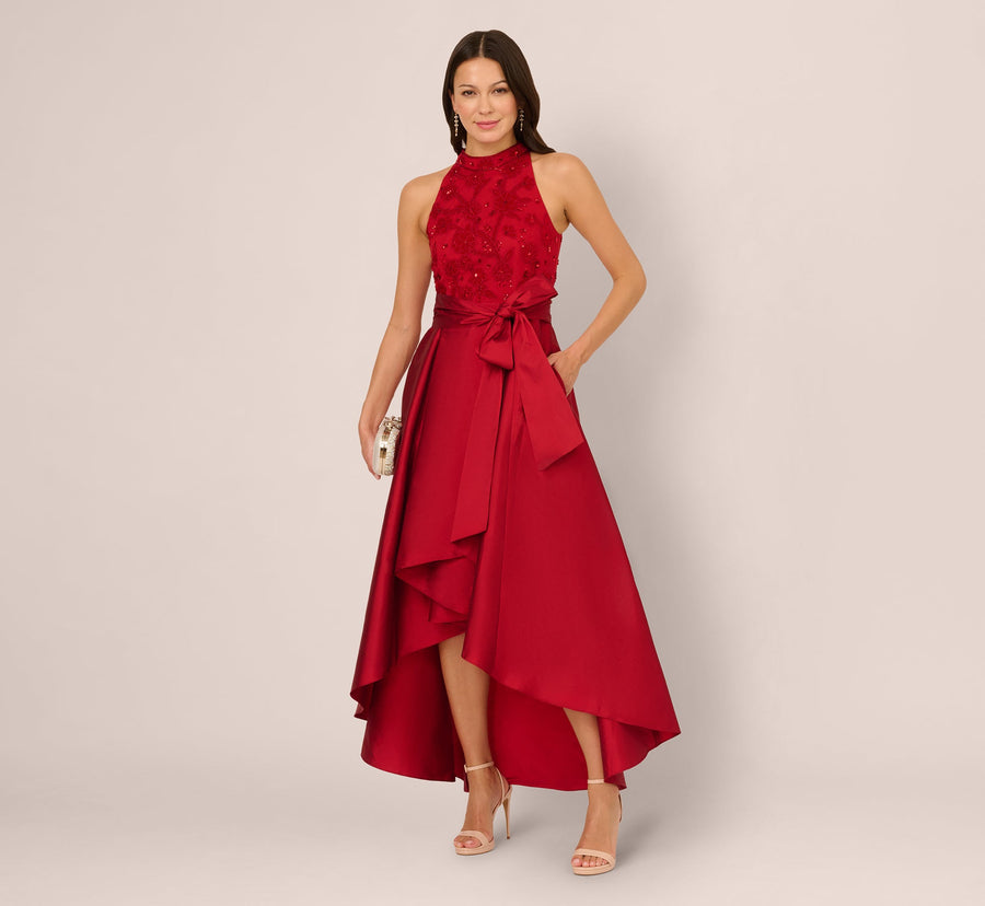 Three Quarter Sleeve Beaded Taffeta Combo Gown