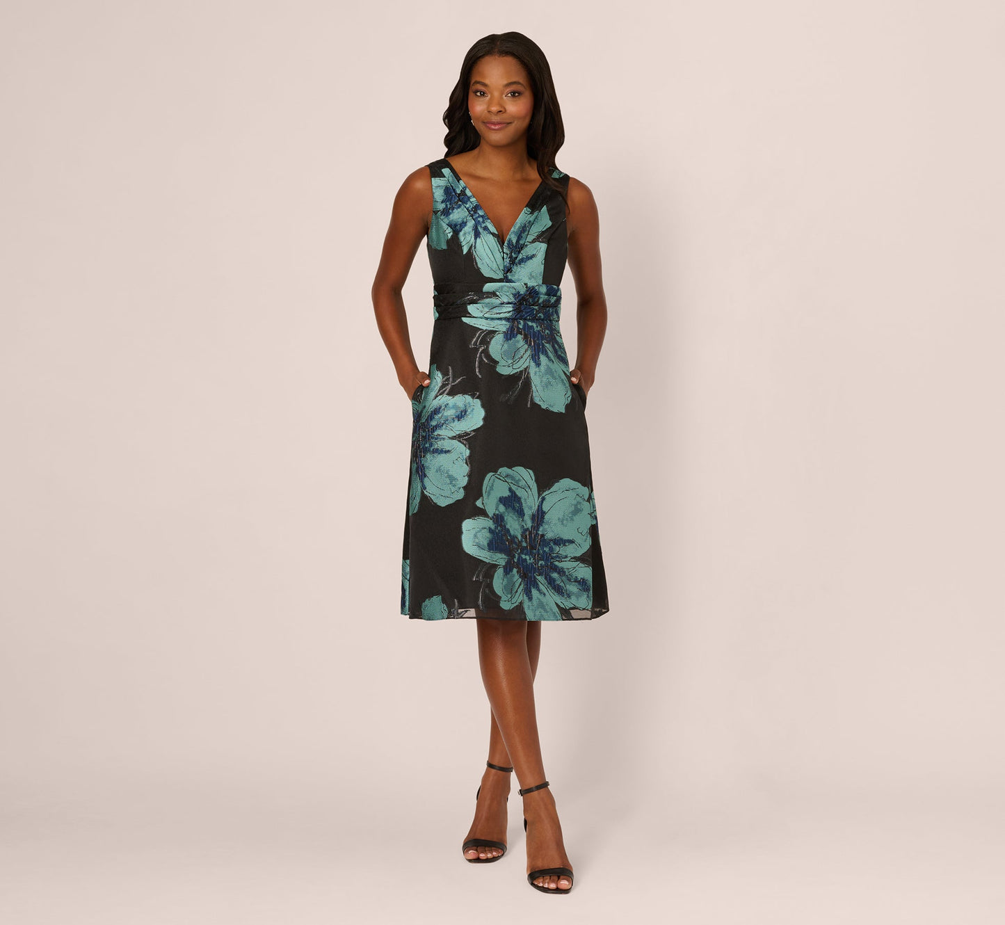 V-Neck Knee-Length Satin Occasion A-Line Adrianna Papell AP1E212546