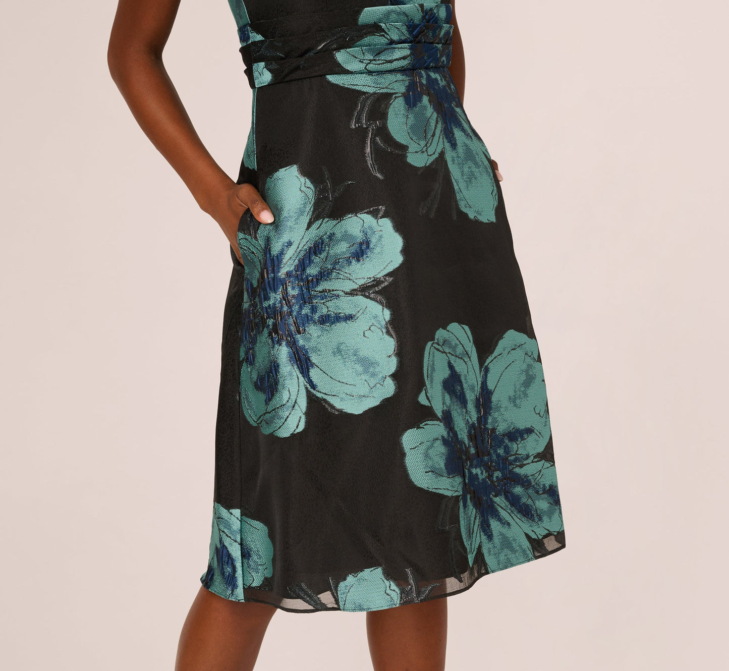 V-Neck Knee-Length Satin Occasion A-Line Adrianna Papell AP1E212546